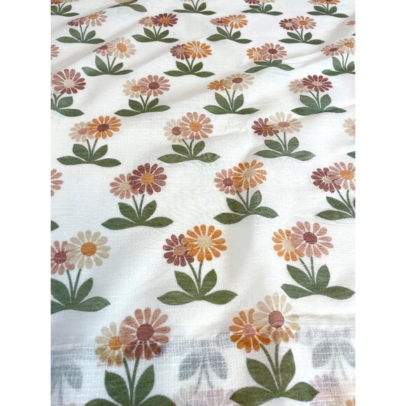 Vintage 70s sheer curtain, green, orange, and brown daisy flower, for one panel - Picture 2 of 10